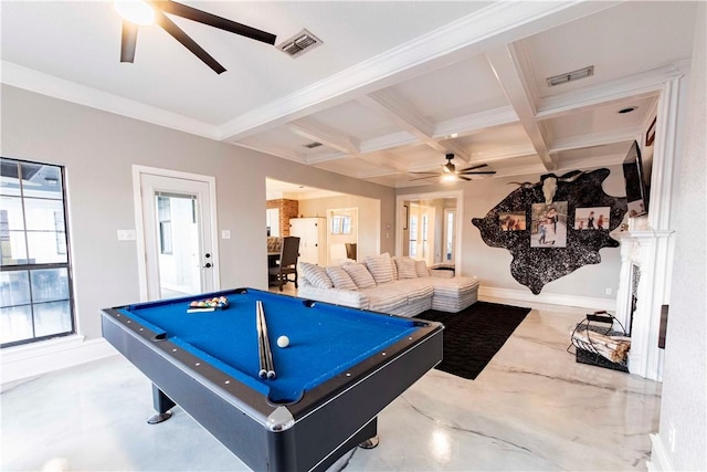 playroom featuring pool table, coffered ceiling, visible vents, a ceiling fan, and beamed ceiling