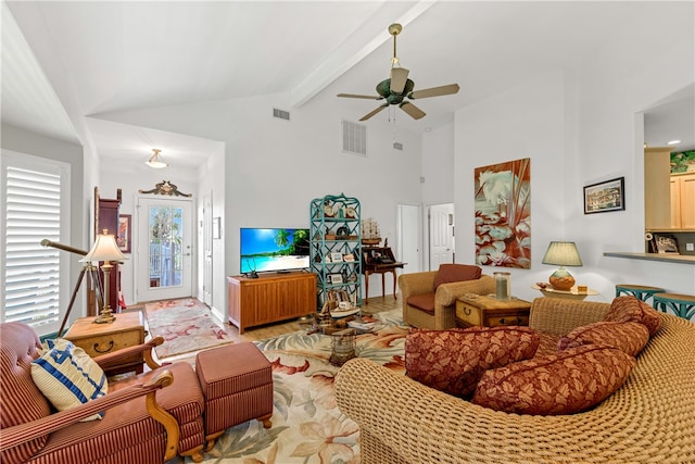 living room featuring high vaulted ceiling, ceiling fan, and beam ceiling