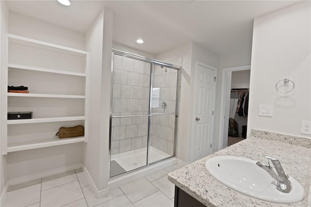 bathroom featuring an enclosed shower, vanity, and tile patterned floors