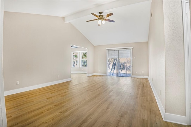 unfurnished living room with ceiling fan, high vaulted ceiling, light wood-style flooring, baseboards, and beam ceiling