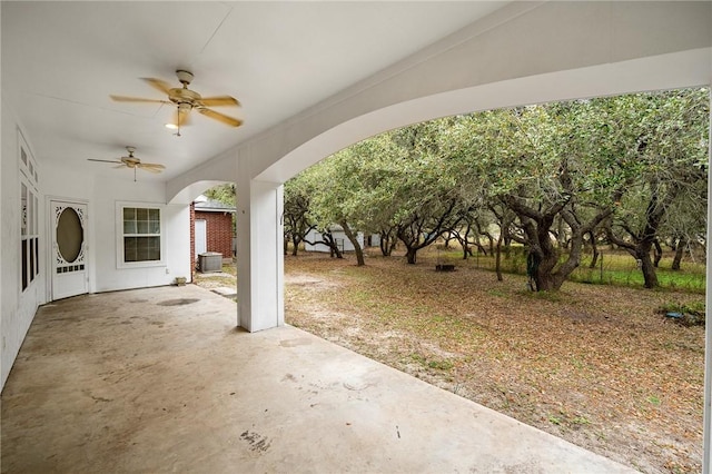 view of patio featuring ceiling fan and central air condition unit