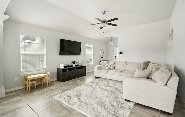 6758 Mikayla St, Corpus Christi, TX 78413 - tiled living area with vaulted ceiling and a ceiling fan