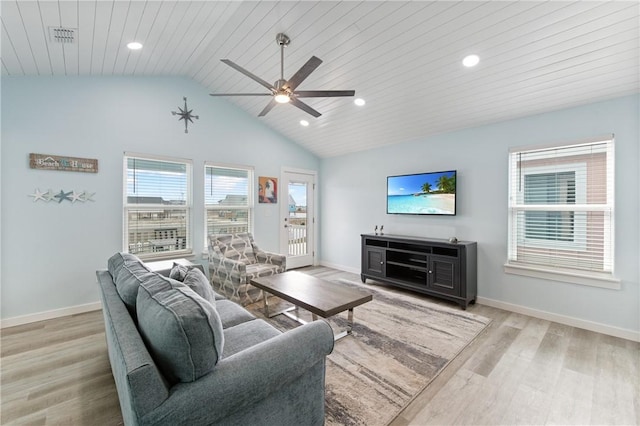 living room featuring ceiling fan, vaulted ceiling, light hardwood / wood-style flooring, and wooden ceiling