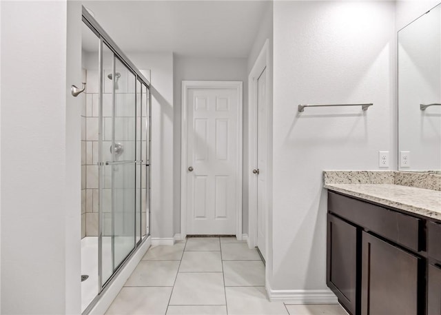 3901 Jayden Dr, Corpus Christi, TX 78410 - bathroom featuring a stall shower, vanity, tile patterned flooring, and baseboards