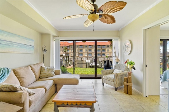 14514 E Cabana St, Corpus Christi, TX 78418 - living room with light tile patterned floors, crown molding, and a ceiling fan