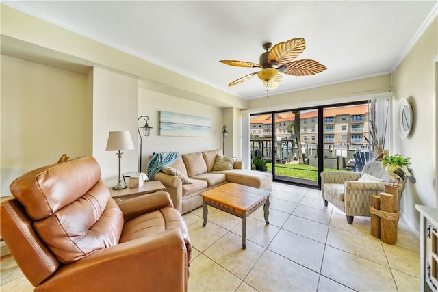 14514 E Cabana St, Corpus Christi, TX 78418 - living room with a ceiling fan, light tile patterned floors, and ornamental molding