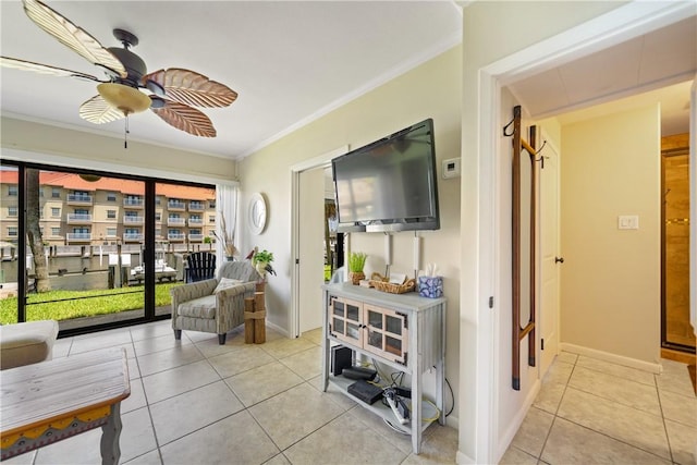 14514 E Cabana St, Corpus Christi, TX 78418 - living area with light tile patterned floors, ornamental molding, and ceiling fan