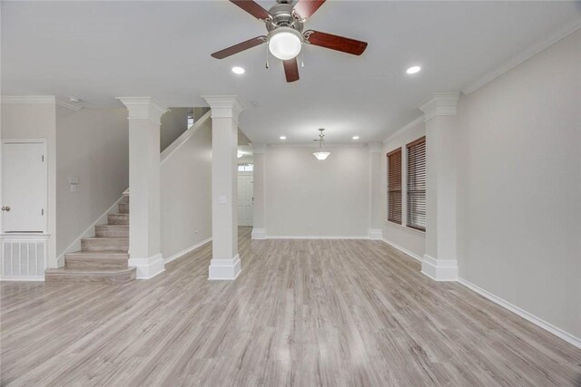 7706 Fort Griffen Dr, Corpus Christi, TX 78414 - unfurnished living room featuring a ceiling fan, stairs, light wood-style flooring, baseboards, and recessed lighting