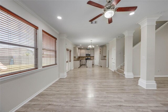 7706 Fort Griffen Dr, Corpus Christi, TX 78414 - unfurnished living room featuring ornamental molding, a ceiling fan, light wood finished floors, baseboards, and recessed lighting