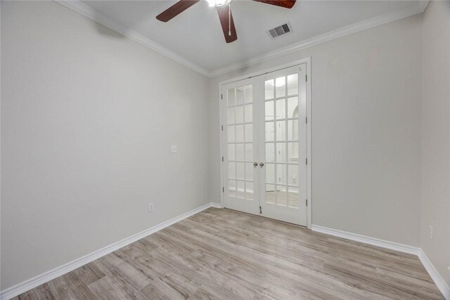 7706 Fort Griffen Dr, Corpus Christi, TX 78414 - unfurnished room featuring ceiling fan, light wood-style flooring, french doors, baseboards, and ornamental molding
