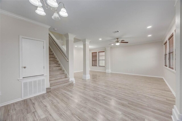 7706 Fort Griffen Dr, Corpus Christi, TX 78414 - unfurnished living room with ornamental molding, ceiling fan, light wood-style floors, healthy amount of natural light, and recessed lighting