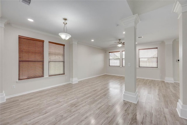 7706 Fort Griffen Dr, Corpus Christi, TX 78414 - unfurnished room with ornate columns, a ceiling fan, ornamental molding, light wood-style flooring, and baseboards