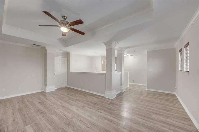 7706 Fort Griffen Dr, Corpus Christi, TX 78414 - unfurnished room featuring a tray ceiling, ceiling fan, light wood-type flooring, ornamental molding, and baseboards