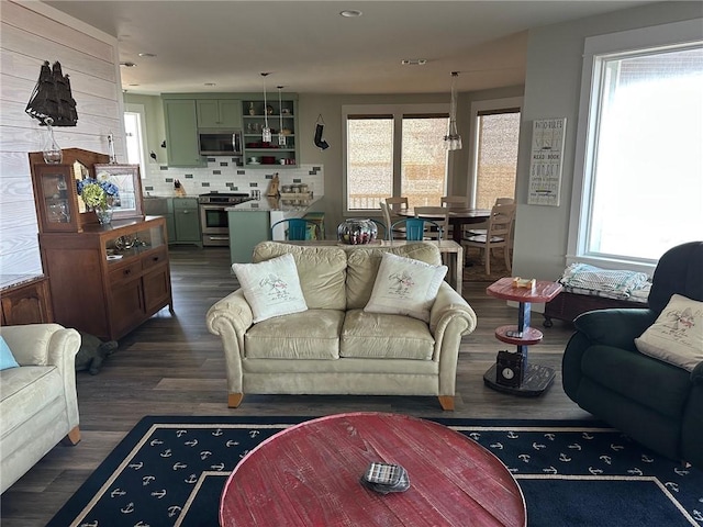 living room featuring dark wood-type flooring