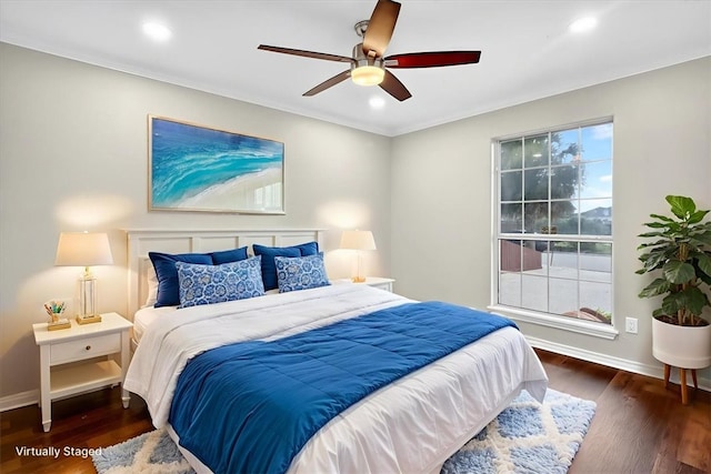 15341 Yardarm Ct, Corpus Christi, TX 78418 - bedroom featuring wood finished floors, ornamental molding, ceiling fan, and recessed lighting
