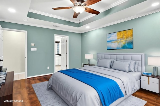 15341 Yardarm Ct, Corpus Christi, TX 78418 - bedroom with a raised ceiling, wood finished floors, recessed lighting, ornamental molding, and ensuite bathroom