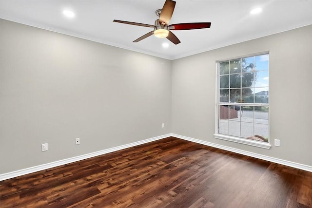 15341 Yardarm Ct, Corpus Christi, TX 78418 - empty room with a ceiling fan, dark wood finished floors, recessed lighting, and ornamental molding