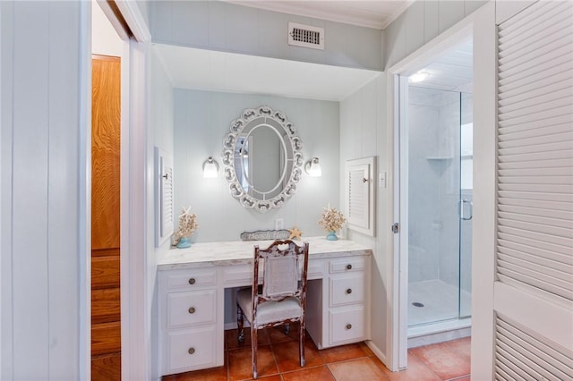 full bathroom featuring a shower stall, tile patterned flooring, vanity, and visible vents