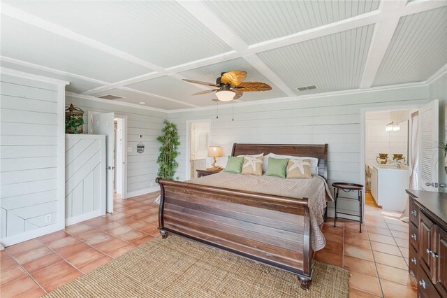 bedroom featuring visible vents, ceiling fan, coffered ceiling, and light tile patterned floors