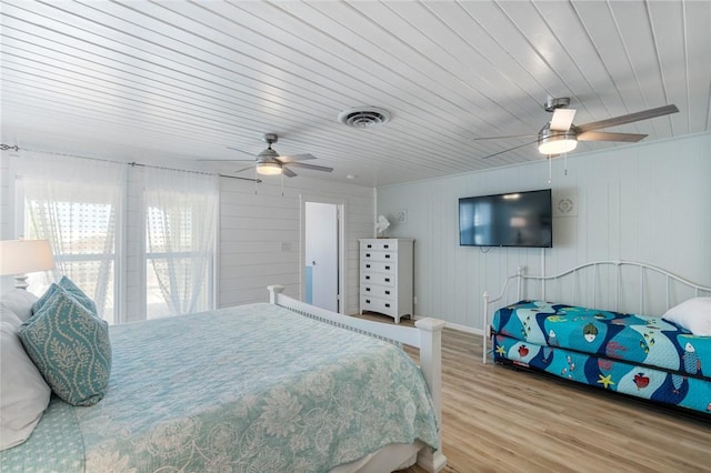 bedroom featuring visible vents, ceiling fan, and wood finished floors