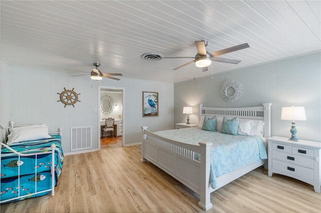 bedroom featuring light wood-style flooring, a ceiling fan, and visible vents