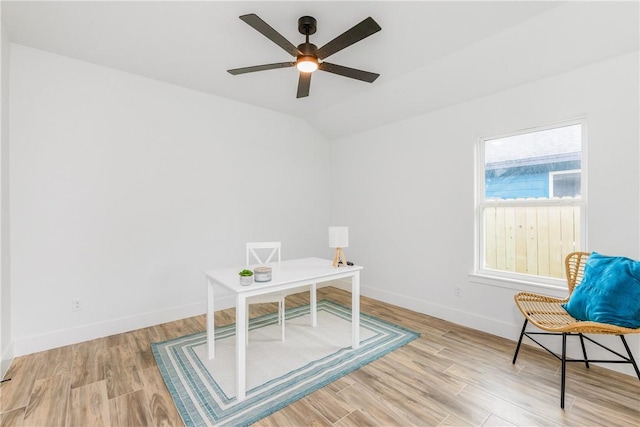 2513 Luzius Dr, Corpus Christi, TX 78418 - home office with ceiling fan, wood finished floors, baseboards, and vaulted ceiling