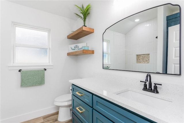 2513 Luzius Dr, Corpus Christi, TX 78418 - bathroom with wood finished floors, toilet, baseboards, vanity, and recessed lighting