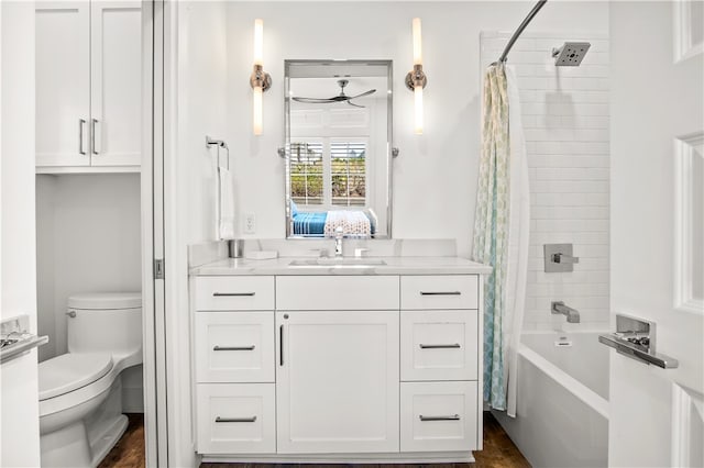 full bathroom with vanity, toilet, and shower / bath combination with curtain