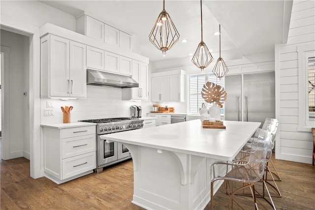 kitchen with light hardwood / wood-style flooring, appliances with stainless steel finishes, exhaust hood, and white cabinets