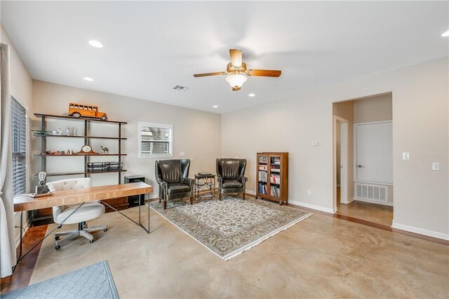 home office with a ceiling fan, recessed lighting, and baseboards
