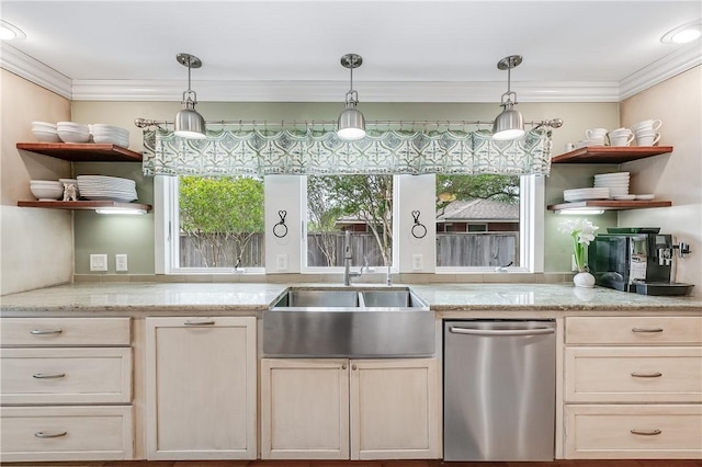 kitchen featuring open shelves, a sink, dishwasher, hanging light fixtures, and ornamental molding