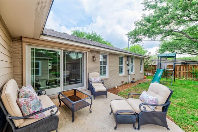 view of patio featuring a playground and outdoor lounge area