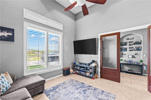 221 Deer Meadows Dr, Alice, TX 78332 - living area with a ceiling fan, high vaulted ceiling, and built in shelves