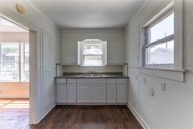 kitchen with white cabinets, a wealth of natural light, and dark hardwood / wood-style floors