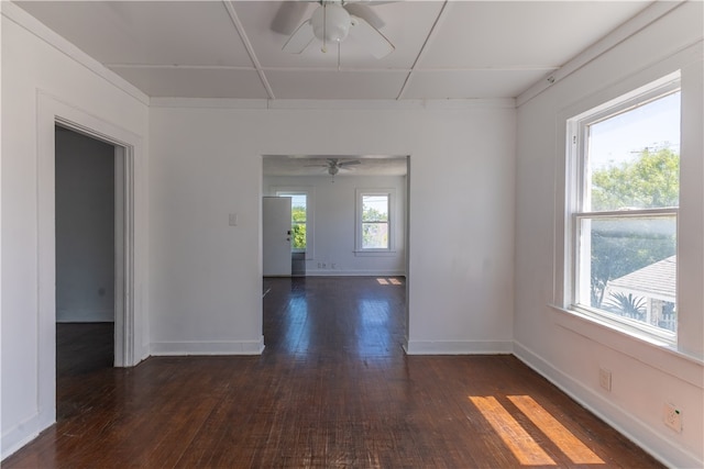 unfurnished room with dark wood-type flooring and ceiling fan