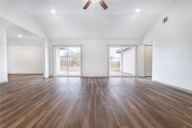 unfurnished living room featuring high vaulted ceiling, dark hardwood / wood-style floors, and ceiling fan