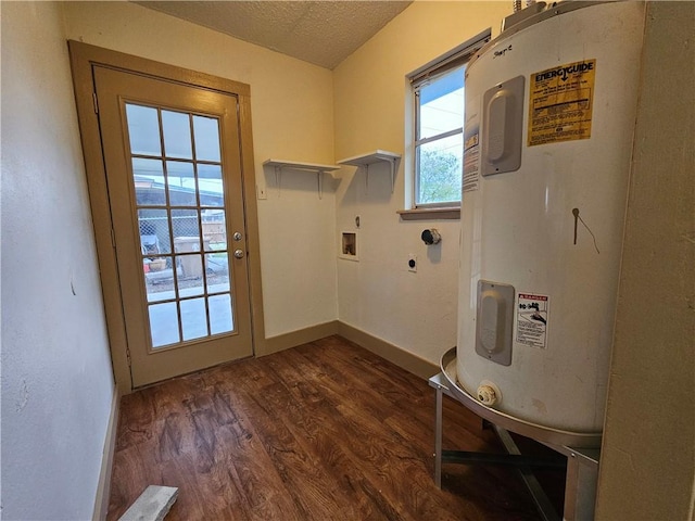 laundry room with electric dryer hookup, water heater, a textured ceiling, and dark hardwood / wood-style floors