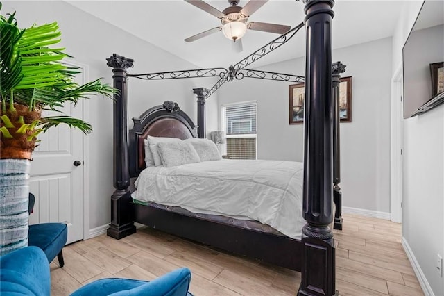 bedroom with light wood-type flooring and ceiling fan