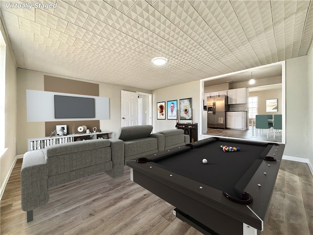 rec room with pool table, wood finished floors, and baseboards