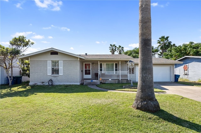 single story home featuring a garage, a front lawn, and covered porch