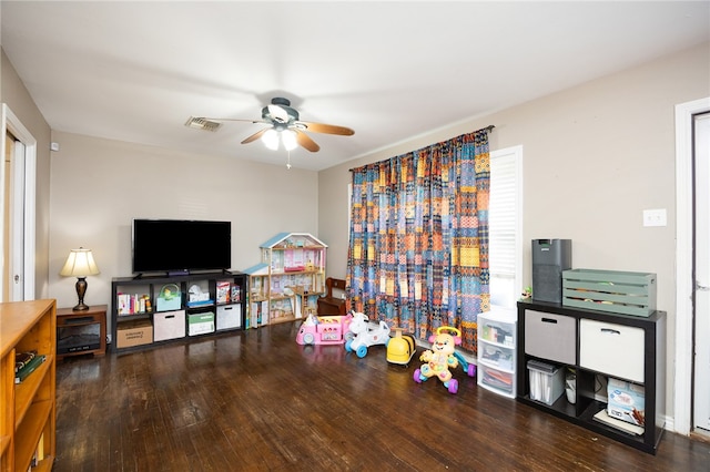 playroom featuring wood-type flooring and ceiling fan