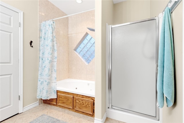 bathroom featuring independent shower and bath and tile patterned floors