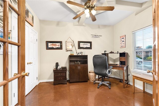 home office featuring a wealth of natural light, ceiling fan, and french doors