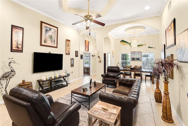 13706 Sea Horse Ave, Corpus Christi, TX 78418 - tiled living area with arched walkways, ornamental molding, ceiling fan, and recessed lighting