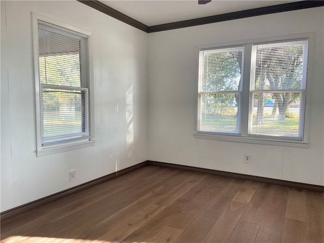 empty room with hardwood / wood-style floors and ornamental molding
