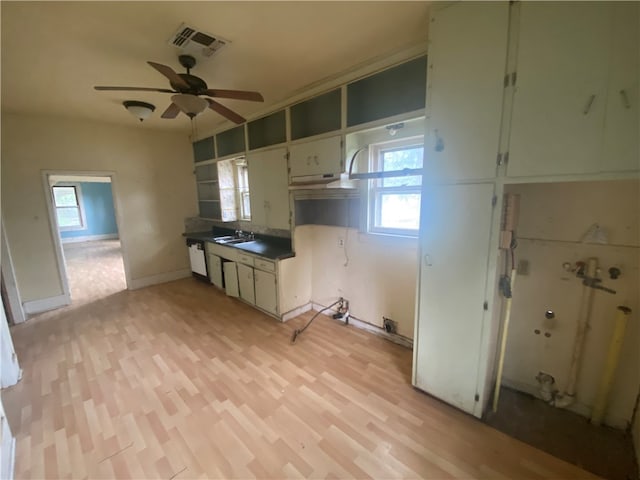 kitchen with light hardwood / wood-style floors, ceiling fan, and sink