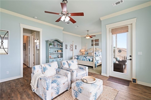 502 Sailhouse Way, Rockport, TX 78382 - bedroom with baseboards, ornamental molding, wood finished floors, and visible vents