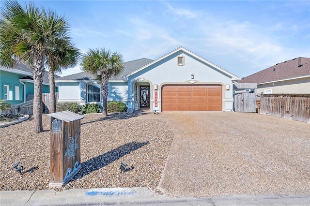 14230 San Felipe Dr, Corpus Christi, TX 78418 - ranch-style home featuring a garage, stucco siding, driveway, and fence