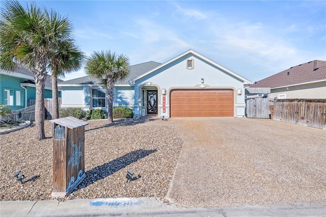 ranch-style home featuring a garage, stucco siding, driveway, and fence