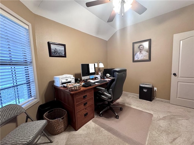 7605 Bayonne Dr, Corpus Christi, TX 78414 - home office with carpet flooring, ceiling fan, and lofted ceiling